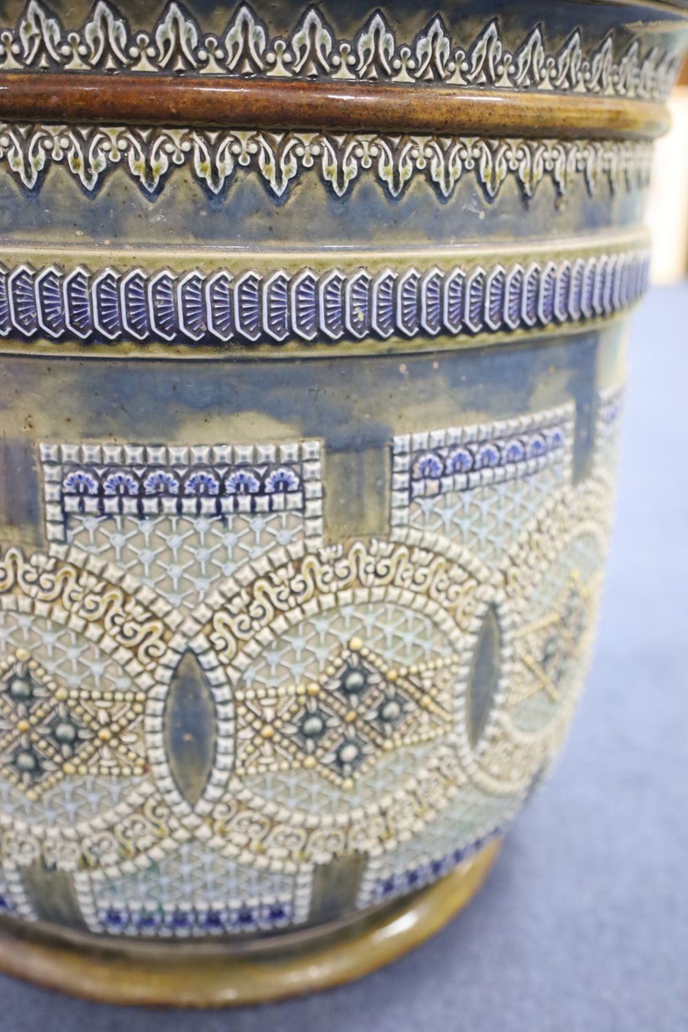 A massive Doulton Lambeth jardiniere, dated 1883, height 46cm